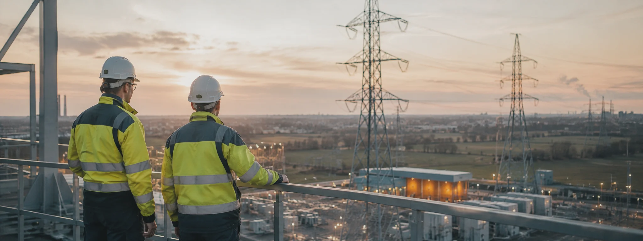 Inżynierowie na tle stacji elektroenergetycznej