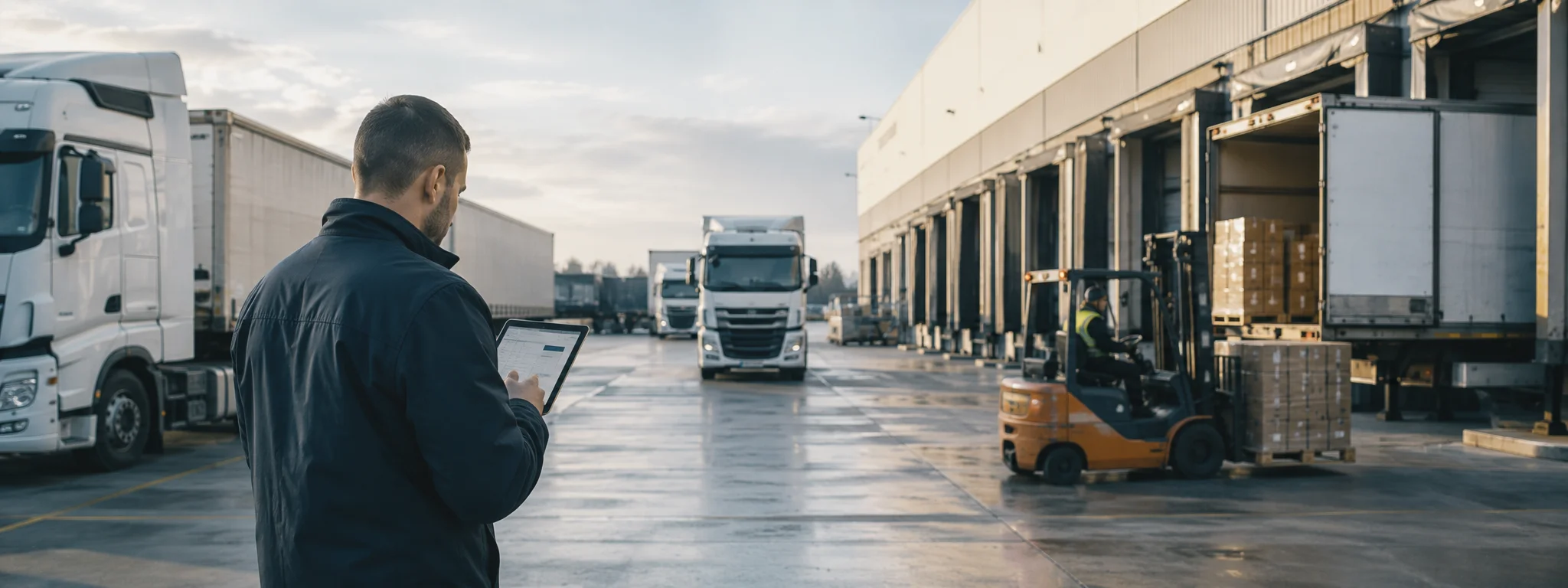 Ciężarówki przy rampach centrum logistycznego